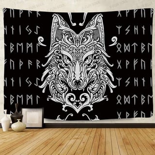 F-FUN SOUL Wikinger-Wolf-Wandteppich, groß, 203.2 x 152.4 cm, weicher Flanell, Wikinger-Wandteppich, Wikinger-Meditations-Runen, antike Kunst, Schlafzimmer, Wikingerdekoration GTZYFS419