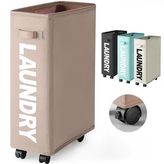 Rieeyrslza Faltbarer Wäschekorb mit Rollen 43L Schmaler Oxford-Stoff Faltbarer Wäschekorb dünner Wäschesammler Faltbare Wäschekörbe mit Rad Wäschebox Wäschesäcke Wäschesammler(Khaki)