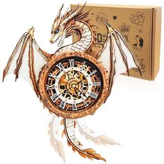 Cutywood 3D Holzpuzzle Uhr, Drachen Clock Modellbausatz, Dekorative Wand-Schreibtischuhr, Mechanisches Modell mit Pendelmechanismus, 3D Puzzle Uhren Geschenke für DIY-Liebhaber