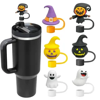 SHOFUL 6 Stück Halloween Trinkhalm Kappen für 30 und 40 oz Becher, 10 mm Staubschutz Wiederverwendbare Silikon Kappen, passend für 9–11 mm Trinkhalme