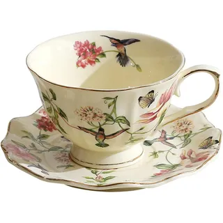 fanquare Blumen Vogelmuster Kaffeetassen und Untertassen Set, 1 Stück Vintage Keramik Teetasse mit Goldrand, 250 ml, elegante Geschenke für Nachmittagsteepartys