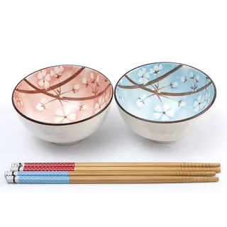 Lachineuse - Set mit 2 japanischen Reisschalen – Design Zen Kirschblüten – Duo Rosa und Blau – begleitet mit 2 Paar Essstäbchen – Vergnügen Gourmand – japanische Dekoration – Geschenkidee Japan Asien