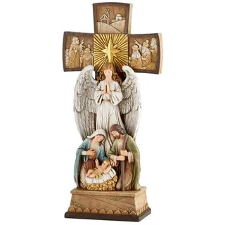 Christmas Season Nativity Statues Avalon Gallery Weihnachtsfiguren – Josef Maria mit Jesus und Engel stehendes Kreuz, Tafelaufsatz, 35,6 cm, Krippenkreuz