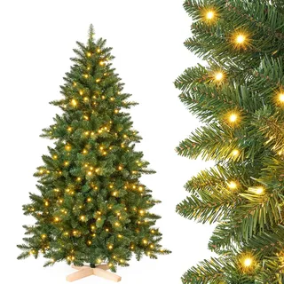 Yorbay Künstlicher Weihnachtsbaum mit Beleuchtung LED: PVC künstlicher Tannenbaum mit Holzständer für Weihnachten-Dekoration, Ideal für Festliche Stimmung (180cm)