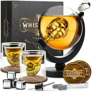 WHISISKEY Whisky Karaffe Set - Whiskey Geschenkset - Geschenke für Männer - Männergeschenke Geschenk - Geburtstagsgeschenk Mann - Skull Dekanter 900ML, Geschenkbox, 2 Whisky Gläser, 4 Whisky Steine