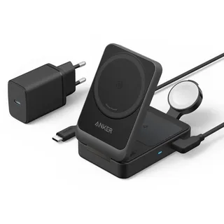 Anker MagGo 3-in-1 Ladestation, Qi2 zertifizierter 15W kabelloser Ladeständer, MagSafe kompatibel, Apple Watch Ladegerät, Für iPhone 17/16/15/14, AirPods, Apple Watch 9 (Mit 40W USB-C Netzteil)