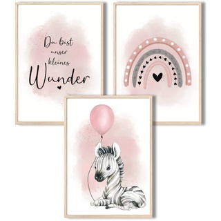 MeinBaby123® I Bilder Kinderzimmer | 3er Set DIN A4 Poster Set | Wandbilder | Kinderzimmer Poster | (Zebra & Luftballon rosa)