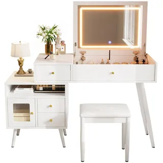 Flieks Schminktisch Set mit Hocker LED Spiegel Metallgriffe Modern , Weiß , Holzwerkstoff , 120x77.5x50 cm , Schlafzimmer, Schminktische