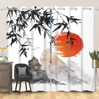 SDOTPMT 117x183cm Japanisch Klassisch Tinte Malerei Fenstervorhang Berg Fuji Rot Sonne Bambus Laub Orientalisch Traditionell Blickdichte Vorhänge für Wohnzimmer Verdunkelung Vorhänge, 2 Stücke