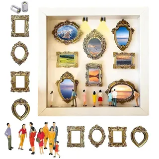 Mini Museum Silhouette Box, Neu Kreatives Bilderrahmen DIY Set mit LED Licht, Erinnerungsdisplay Kit mit 8 Mini Goldene Rahmen & 8 Zufällige Figuren Set, Jahrestag Geschenke Ideen Heimdekoration Weiß