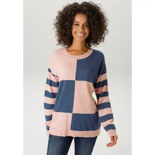 Strickpullover ANISTON CASUAL, Damen, Gr. 44, grün (altrosa, jeansblau, meliert), Feinstrick, Obermaterial: 50% Viskose, 28% Polyester, 22% Polyamid, gemustert, geringelt, meliert, figurumspielend hüftbedeckend, Rundhals, Rippstrickbündchen, Pullover Strickpullover, mit großflächigem Patchmuster und geringelten Ärmeln - NEUE KOLLEKTION