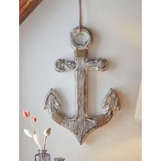 Dekofigur "Anker" aus Mango Holz, weiß, 31x48 cm, Dekohänger im Shabby Look, Deko maritim für Wand, Fenster & Tür - Weiß
