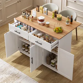 Küchen- und Esszimmertisch auf Rollen, 129 cm lange Klappplatte, weißes Sideboard mit 2 Schubladen und Stauraum
