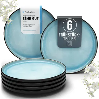 Steingut Frühstücksteller 6 Pers. Ibiza Hochwertiges Mediterranes TEST SEHR GUT Dessertteller Set - Kuchenteller spülmaschinen- und kratzfest - Pure Living in Türkis