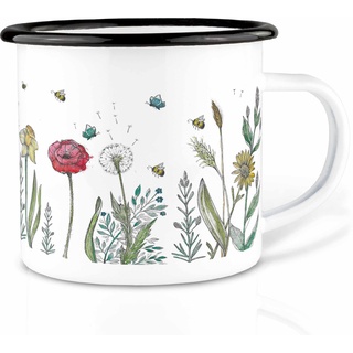 Ligarti Emaille Tasse (leicht & robust) | Camping Becher handveredelt in Deutschland | Trinkbecher für Kinder, Kaffeetasse, Emaillebecher | (Blumenwiese, Emaille 300ml)