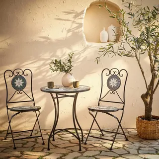 Ambia Garden Balkonset , Grau, Schwarz , Metall, Keramik , 3-teilig , Gartenmöbel, Gartengarnituren, Balkonmöbel-Sets