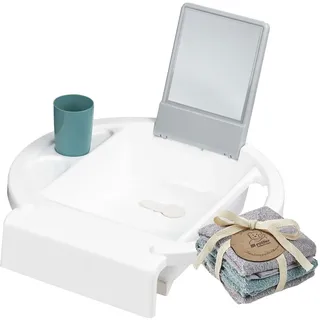 Bundle aus Rotho Babydesign Kinderwaschbecken Kiddy Wash, Zum Anbringen am Badewannenrand, 38,7 x 38,2 x 10 cm (1er Pack), Weiß, 20034 0314 01 + Rotho Babydesign Waschtücher 3er Set