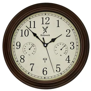 Holzwerk HORNBERG (Funk) Vintage Retro Funkwanduhr Holz Wanduhr Temperaturanzeige & Hygrometer Feuchtigkeitsmesser Thermometer Braun nahezu lautlos Uhrwerk 14 Zoll 35cm (.Braun.Funk)