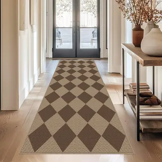 Capslpad Teppich Läufer Flur 80x200cm Waschbar Teppichläufer, Raute-braun | Rutschfest Küchenteppich Jute Aussehen Teppich Küchenläufer Korridor läufer Flur Küche,Schlafzimmer, Balkon