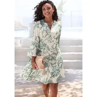 Vivance Tunikakleid "im sommerlichen Boho-Stil mit Volant aus Viskose-Webware" Ohne Taschen luftiges Sommerkleid mit 3/4 Ärmeln, Strandkleid, Longbluse, creme, salbeigrün bedruckt