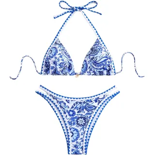 BYFINECANY Damen-Badeanzug, Blumenmuster, Neckholder, Paisleymuster, Sommer-Badeanzug, Bikinis-Set, Dunkelblau, XS