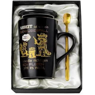Abschiedsgeschenk Kollegen, Jobwechsel Geschenke, Lustige Abschied Kollege Tassen mit Spruch - Arbeit ist wie ein Banküberfall, 400ml Schwarz Kaffeetasse mit Löffel, Deckel, Karte, Schöne Geschenkbox