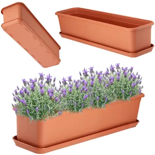 KADAX Blumenkasten 60 cm Terracotta mit Untersetzer – Balkonkasten aus Kunststoff, Pflanzkasten für Innen- und Außenbereiche, Blumentopf für Balkon, Terrasse, Fensterbank
