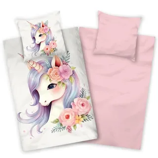 Aminata kids Bettwäsche 135x200 Kinder Mädchen Baumwolle Einhorn rosa Wende-Kinder-Bettwäsche-Set Blumen Unicorn Einhörner