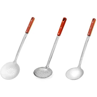 3er SET für Kazan Kasan Schaumlöffel 44cm + Schöpflöffel 43 cm lang + Rührlöffel Plov 47cm Holz-Griff Schaumkelle Suppenkelle - verzierte Stiele - Ornamente - Usbekische Art