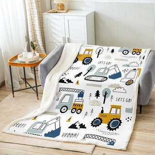 Loussiesd Auto Wohndecke Kinder Jugend BAU Decke 100x130cm Karikatur Bagger Kran Zugmaschine Dekor Kuscheldecke Mädchen Jugendliche Schlafzimmer Dekor LKW Traktor Flanell Fleecedecke Weiß Gelb