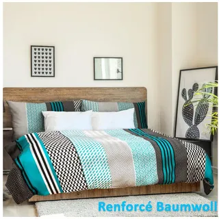 Sentidos 4-teiliges Bettwäsche-Set aus Renforcé-Baumwolle - 2x Bettbezüge 135x200 cm & 2x Kissenbezüge 80x80 cm mit Reißverschluss - Türkis/Schwarz/Weiß