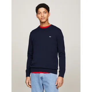 Rundhalspullover TOMMY JEANS "TJM SLIM ESSENTIAL LIGHT SWEATER", Herren, Gr. 3XL, blau (schwarz night navy), Strick, Obermaterial: 100% Baumwolle, Rundhals, Pullover Rundhalspullover, mit Flag-Patch