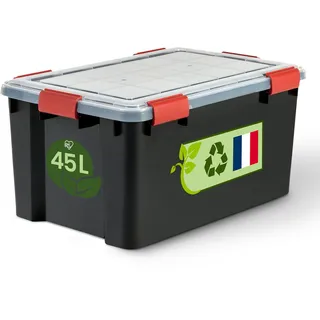 Iris Ohyama Luftdichte Kunststoff-Aufbewahrungsboxen mit Deckel, 45L, Rot, Transparent, Hermetischer wasserdichter Verschluss, Robuste Schnappverschlüsse, Stapelbar, Staubschutz, BPA-frei, WSB-45