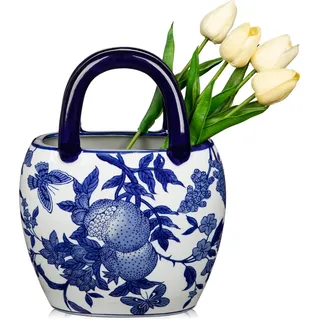 Hollyone 27 cm Keramik Blumenvase, Blau-Weiße Vase für Blumen, Klassische Keramikvasen mit Henkeln für Raumdekoration, Handtaschenvase Deko für Büro, Haus, Tisch, Hochzeitsdekoration