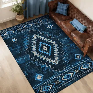 Alishomtll Wohnzimmer Kurzflor Teppich, Anti-Rutsch Weich Waschbar Küchenteppich, Vintage Geometrische Muster Teppich Läufer für Schlafzimmer Kinderzimmer Küche Eingang Blau 140x200 cm