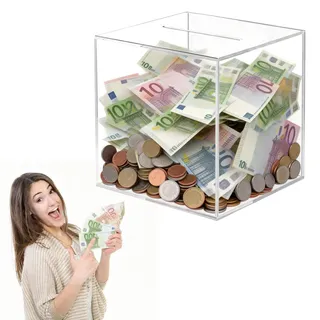 LIULINY Klare Acryl Spardose Nicht zum Offnen, Spardose Transparent, 12× 12× 12cm, Quadratisch Spardosen Acryl Transparente, Spardosen, Nur Einzahlungen von Geld für Kommentarbox Aktionsbox Losbox