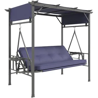 YODOLLA 3-Sitzer Hollywoodschaukel mit Dach, Gartenschaukel mit Liegefunktion aus Metall mit hängender Wolkenhammock-Sessel, Verandaschaukel mit Pergola und Getränkehalter (Blau)