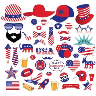 44-teiliges Party-Fotokabinenzubehör-Set, Patriotisches Fotokabinen-Requisiten für den 4. Juli, Hüte, Schnurrbärte, Lippen, US-Flagge für den amerikanischen Unabhängigkeitstag