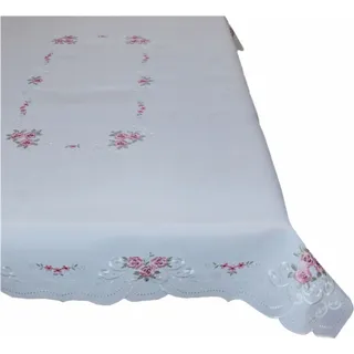 Tischdecke Tischtuch Stickerei Rosen Blüten Frühling Tischläufer Bogenrand 130 x 170 cm - Weiß