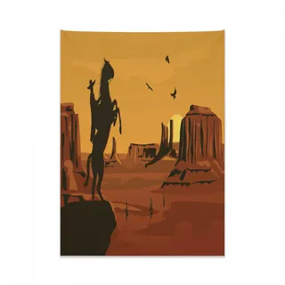 Abakuhaus Western Wandteppich, Sonnenuntergang Szene und Cowboy aus Weiches Mikrofaser Stoff Kein Verblassen Klare Farben Waschbar, 110 x 150 cm, Dunkelorange Dunkelbraun und Aprikose