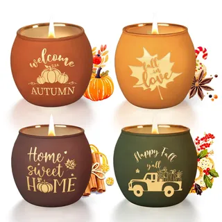 Lanpn Herbst Duftkerzen im Glas Set, 4 St Aromatherapie Kerzen Soja Wachs Geschenk, Kürbiskerze Geburtstag Duftkerze, Orange Kerze Tisch Hause Party Dekor, Fall Scented Candle, Je 110g, 25 Stunden