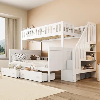 Merax Etagenbett 90x200/140x200cm mit 2 Schubladen und Treppe, Kinderbett mit Rausfallschutz und Lagerregal, Kieferholzbett Stockbett Hausbett Jugendbett, Weiß - Weiß