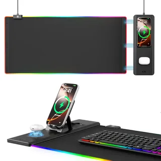 KDD LED Mauspad Gaming 15W Qi Kabelloser Laden, Gaming Mousepad XXL 70x33cm mit Handyhalter, 14 Beleuchtungsmodi, Rutschfest Gummibasis für PC Zubehör Kopfhörer Uhr iPhone 16/15/14 Samsung S23/S22/S21