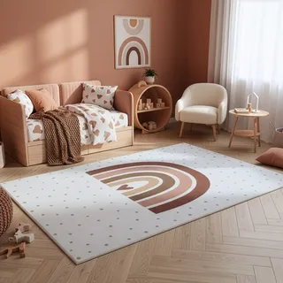 Ayyildiz Teppiche Kinderteppich "COCO 1132, auch in rund erhältlich" rechteckig 8 mm Höhe Waschbar bei 30 C, rutschhemmend, OEKO-TEX zertifiziert, Regenbogen, creme