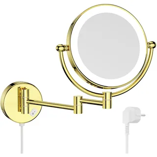 Nicesail Wand Kosmetikspiegel mit Beleuchtung 10x - 360° Ausziehbare Drehung - Dünner Rahmen - mit Stecker - Bohrloch-Montage - Vergrößerungsspiegel Bad,Rasierspiegel mit Vergrößerung,Hellgold,Φ 20cm