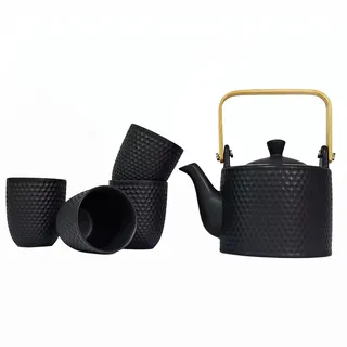 NIUKOMY Japanisches Teeservice Keramik, Vintage Chinesische Porzellan Teeset, 900ML Teekanne mit Sieb und Holzgriff für Losen Tee, Schwarz