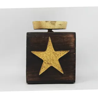 Kerzenhalter in Würfelform dunkles Holz mit goldenem Stern 10x10x13cm