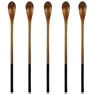 AOOSY Holzlöffel, Holz Langgriff Löffel 5 Stück Naturholz Rührlöffel Set für Kaffee Eis Tee Heiße Getränke (Dunkelbraun)