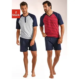 Pyjama LE JOGGER, Herren, Gr. 56/58, rot (grau, meliert, rot), Jersey, Obermaterial: 100% Baumwolle, gestreift, Basic, bequem kurz, Rundhals, abgesteppte Kante, Homewear-Sets Pyjama, in kurzer Form, mit Raglanärmeln, Topseller