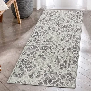 KIMODE Marokkanisch Geometrisch Teppich Läufer 60x130cm, Weich rutschfest Waschbarer Kunstwolle Modern Kurzflor Grau Küchenteppich,Für Flur Schlafzimmer Küche Eingangsbereich